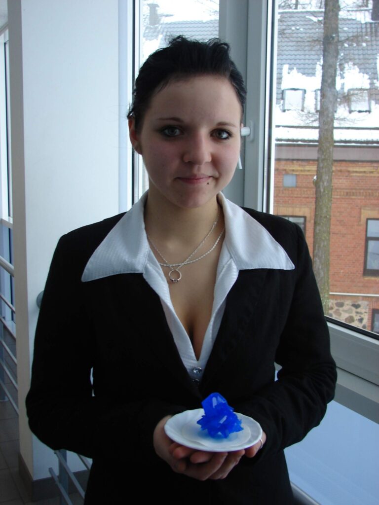 Vidusskolniece Gita Treijere bija izvēlējusies noskaidrot, vai skolas laboratorijas apstākļos ir iespējams izaudzēt kristālu. Viņai tas patiešām izdevās.
Autors: Santa Sinka