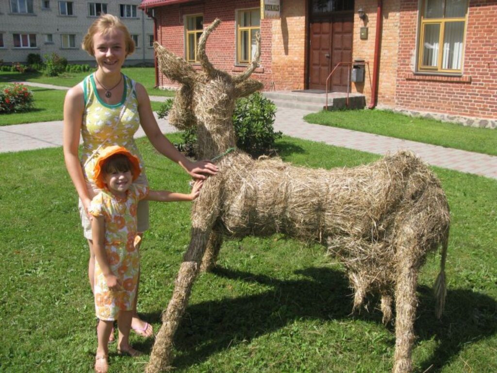 Palsmanē ir jauns iecienīts fotografēšanās objekts. “Arī mums patīk,” par salmu govi saka māsīcas Aivita Meinerte (priekšplānā) un Rita Zaļā. 
Autors: Sandra Pētersone