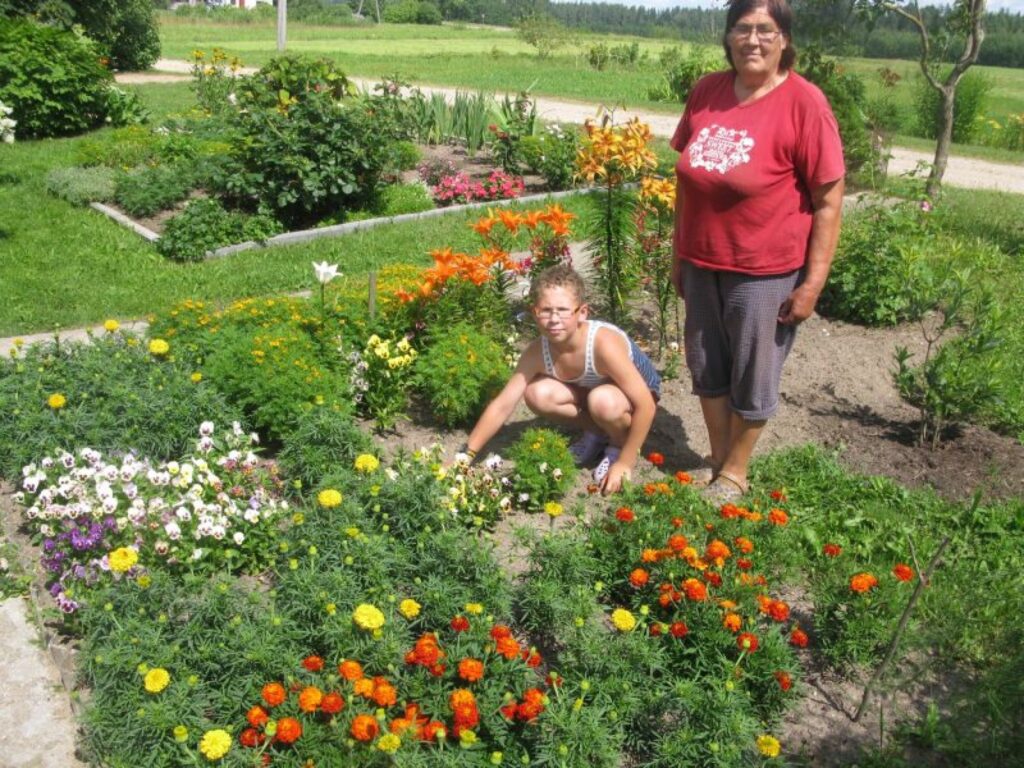 Vijai Kudrjavcevai (attēlā kopā ar mazdēlu Kārli) ir prieks audzēt puķes. Diemžēl gandrīz viss esot noziedējis, pat baltās lilijas, kas parasti izdaiļo dārzu jūlija nogalē. 
Autors: Sandra Pētersone