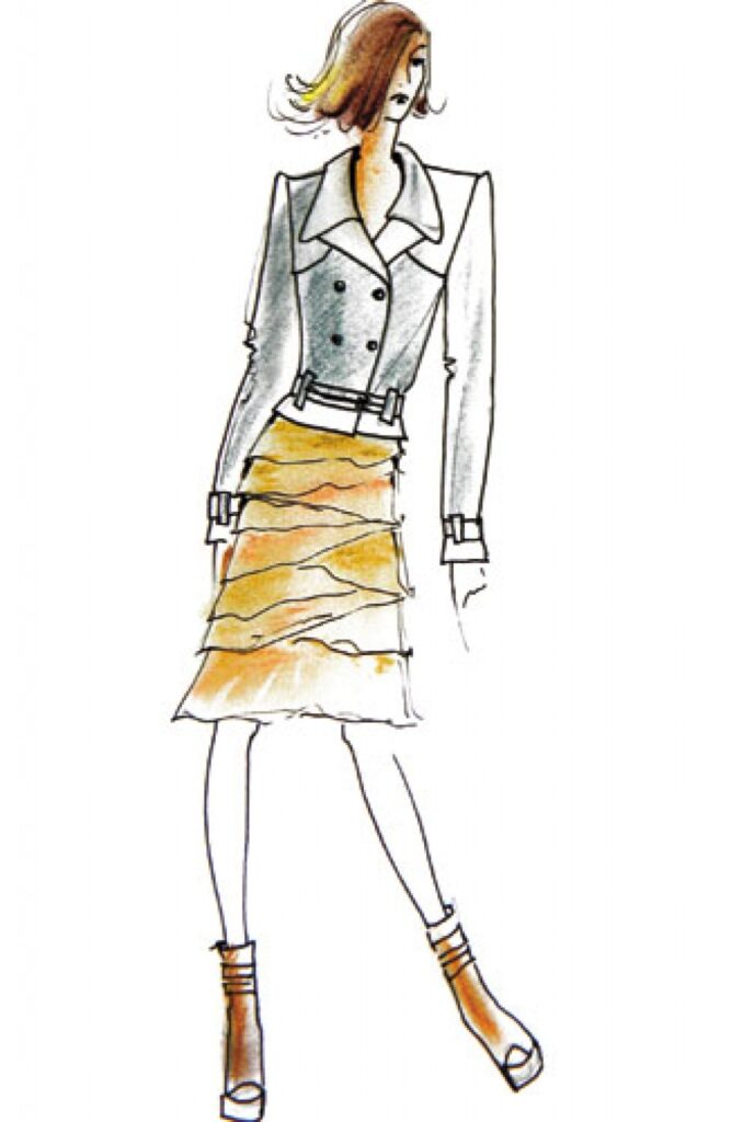 Sievišķīgais un vīrišķīgais – šifona svārki ar kārtainiem volāniem un baikeru jaka. 
Autors: Zīmējums: Dita Veģe