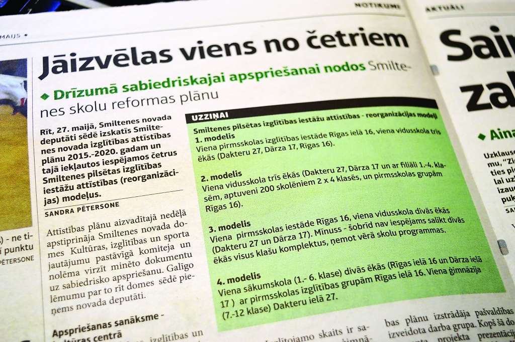 Šodien Smiltenes novada deputātiem domes sēdē ir jāizvēlas viens no Smiltenes pilsētas izglītības iestāžu attīstības – reorganizācijas modeļiem.
                                                                                                              

Autors:  SANTA SINKA