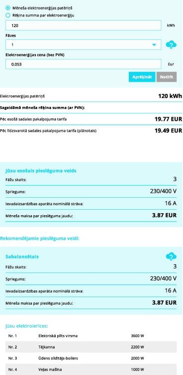 Mājsaimniecību kopējā elektrības rēķina izmaiņu kalkulators un Slodzes aprēķina kalkulators