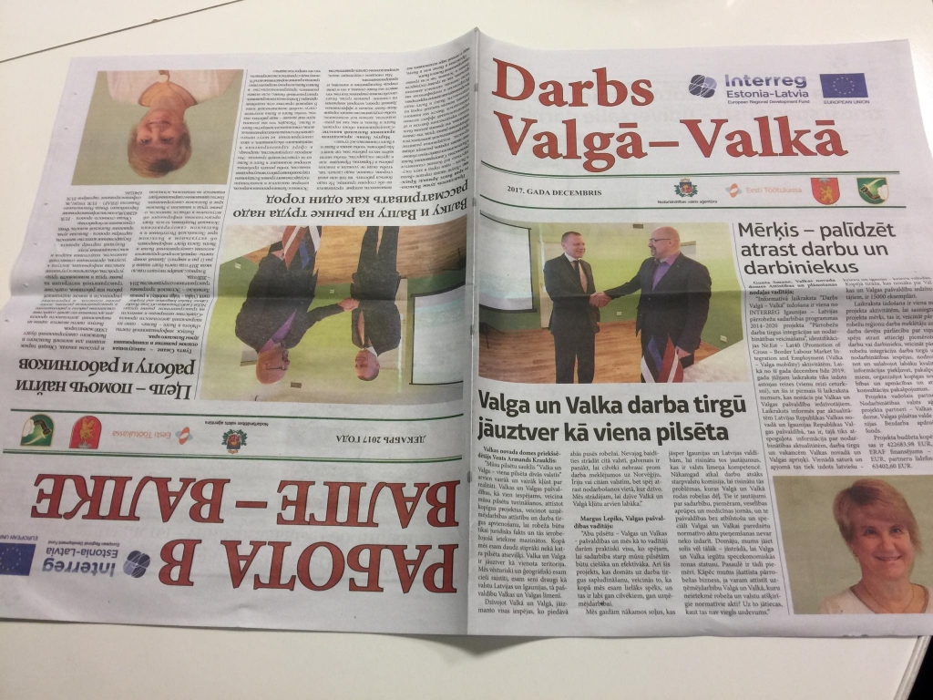 Reizi ceturksnī katrā Valkas novada pastkastē jābūt informatīvam izdevumam par darba iespējām Valkas un Valgas apkārtnē.                                                                                                                                                  
Autors:  INGŪNA JOHANSONE