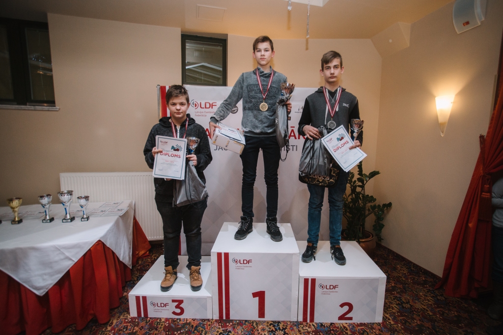 Palsmanietis Kristers Lapiņš (no labās) tikko kļuvis par trīskārtēju Latvijas vicečempionu dambretē U-16 vecuma grupā.                                                                                                                                                            
Autors:  NO PERSONĪGĀ ARHĪVA