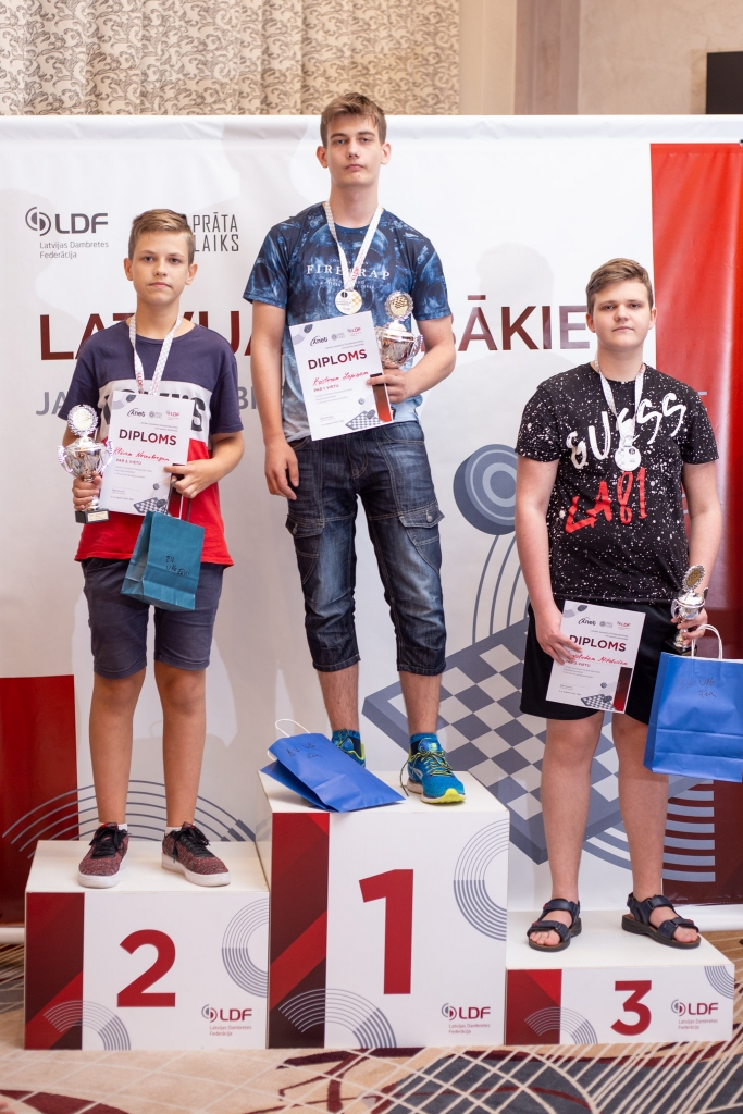Palsmanietis Kristers Lapiņš (vidū) šomēnes kļuvis par divkārtēju Latvijas jaunatnes čempionu 100 lauciņu dambretē. 2. vietu izcīnīja Klāvs Norenbergs, 3. vietu – Vsevolods Mitrēvičs.                                         
Autors: PUBLICITĀTES FOTO