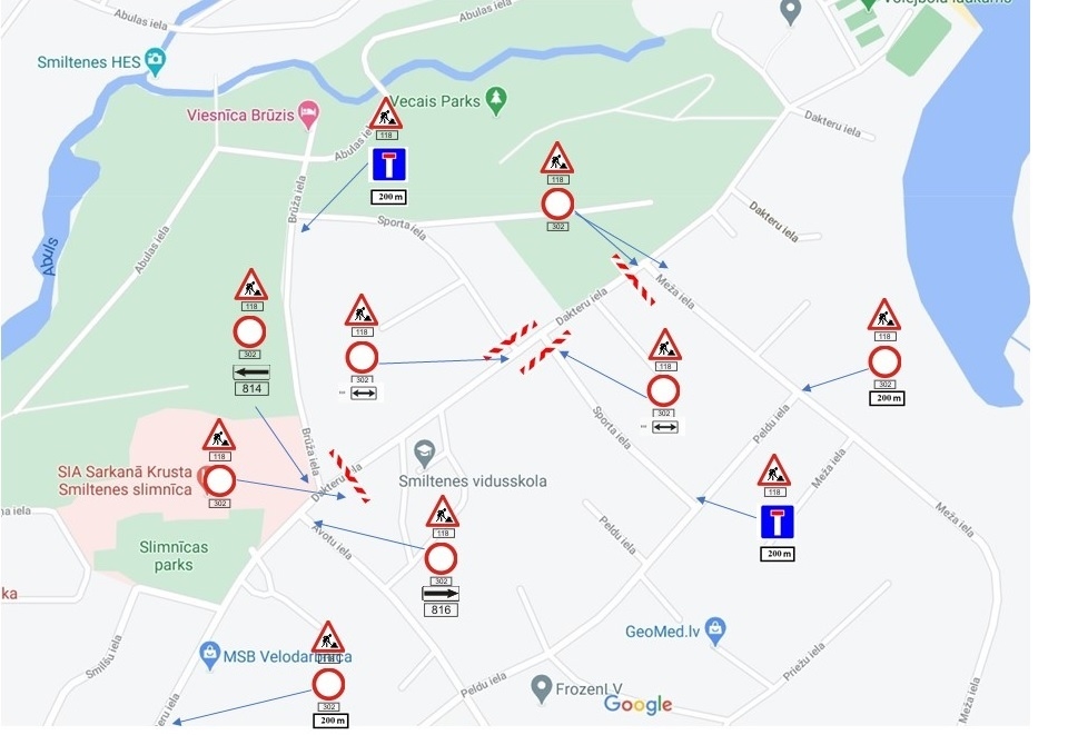 Satiksmes organizācijas shēma Dakteru ielas rekonstrukcijas laikā Smiltenē.