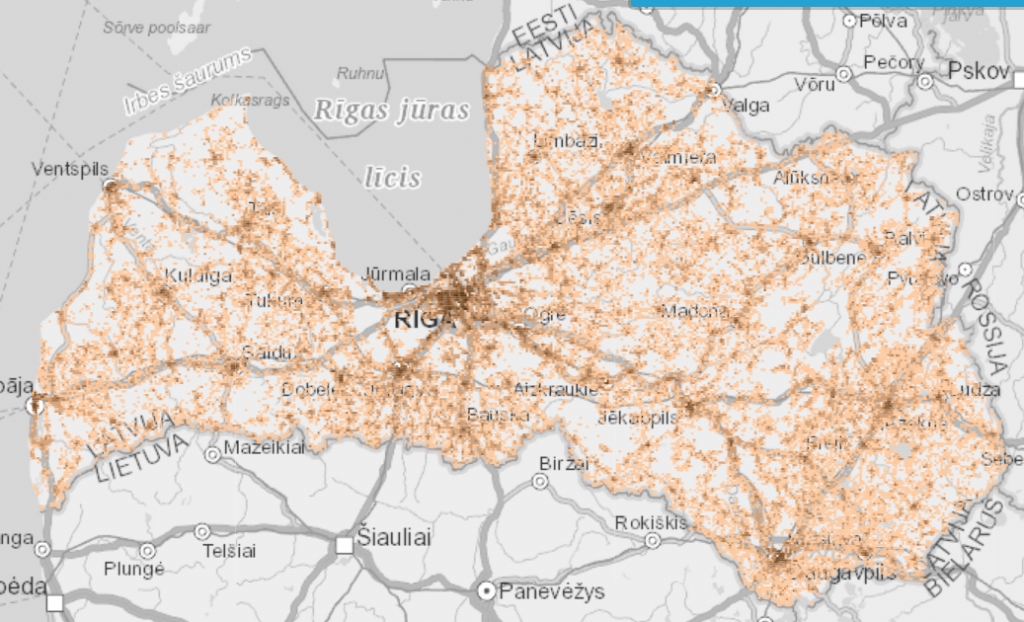 Iedzīvotāju skaits 1 km² režģa šūnās 2021. gada sākumā.