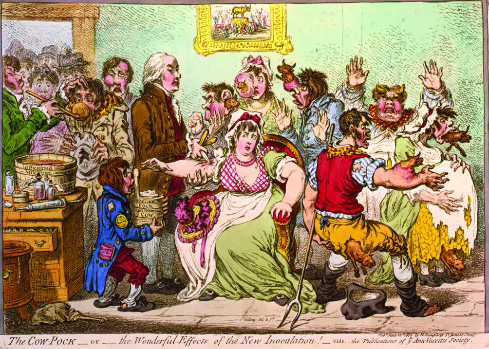 19. gs. karikatūra par antivakcinācijas tēmu. Foto no https://commons.wikimedia.org/wiki/File:The_cow_pock.jpg.