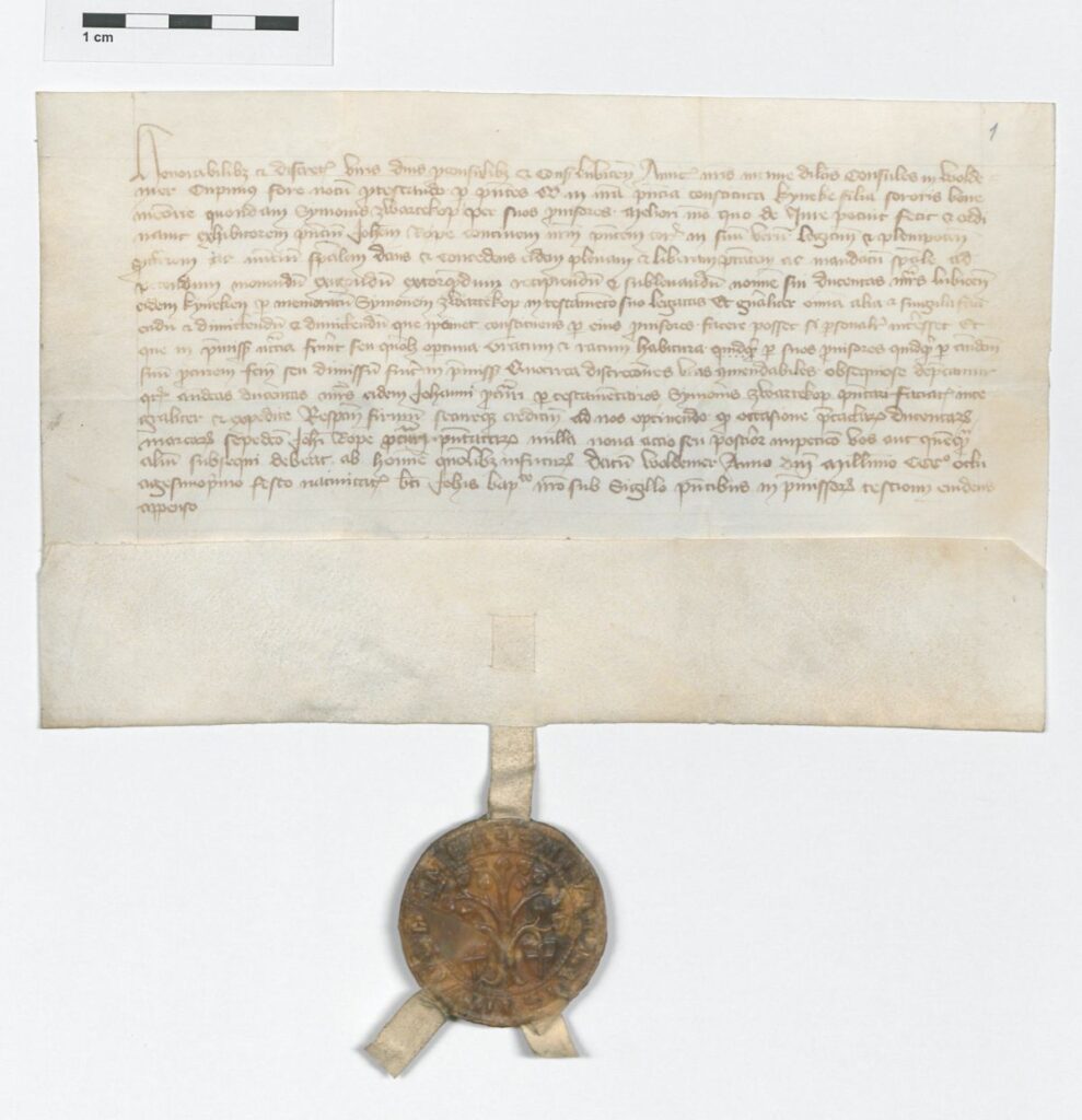 Dokuments, kuram piestiprināts senākais Valmieras ģerbonis. Oriģināls – Lībekas pilsētas arhīvā (Stadtarchiv Lübeck) 07.1-3/19 – 100a. S. 1.