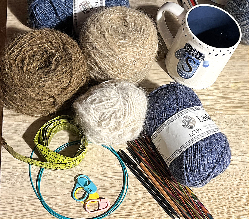 Džempera adīšanai nepieciešamie materiāli.