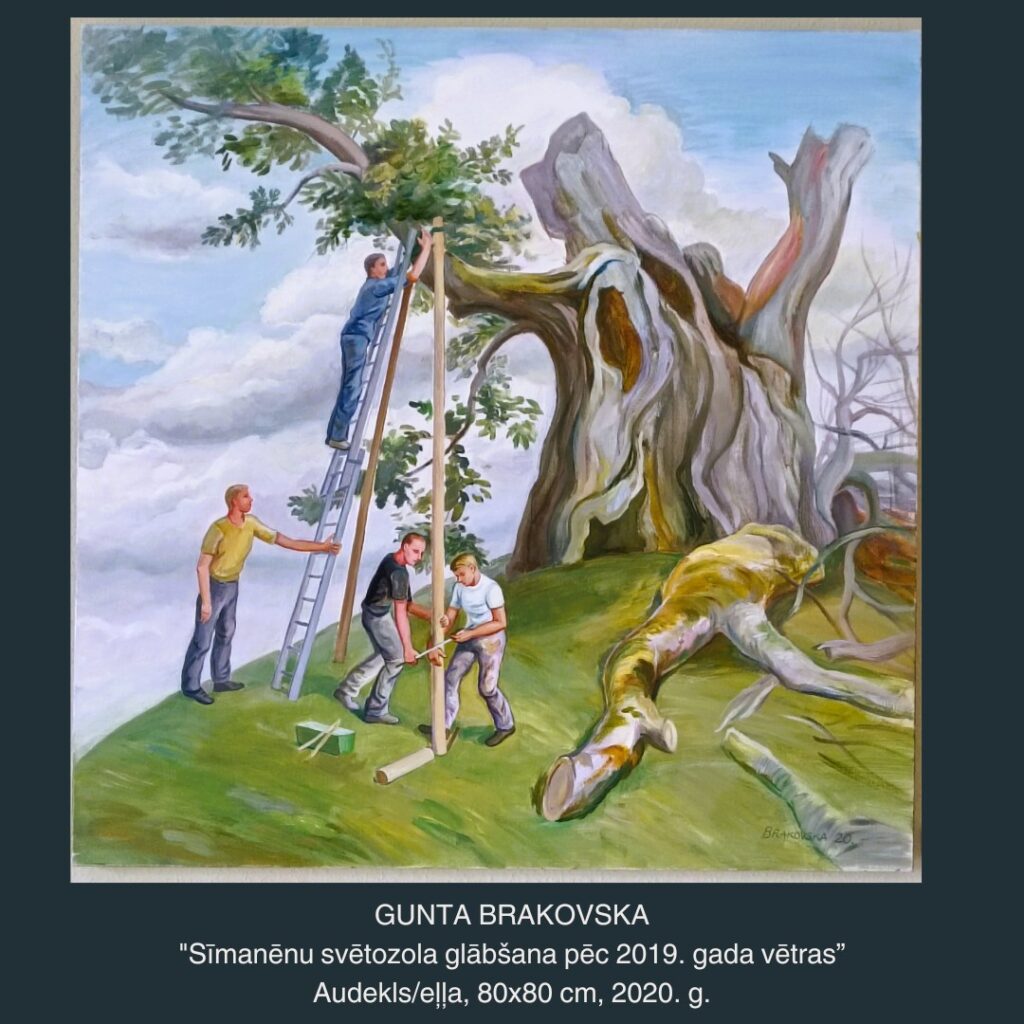 “Sīmanēnu svētozola glābšana pēc 2019. gada vētras”. Audekls/eļļa, 80x80 cm, 2020. gads, māksliniece G. Brakovska.